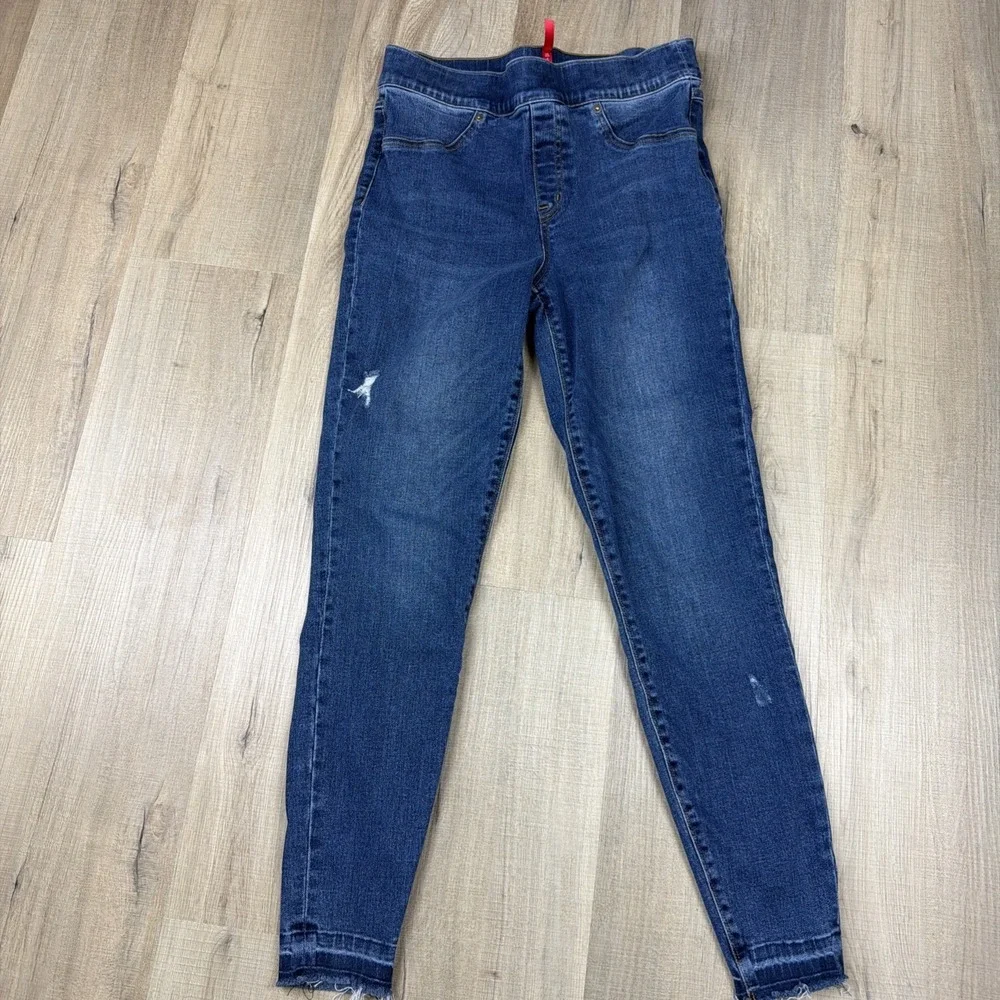 SPANX Jeans Womens M High Rise Skinny Shaping‎ Stretch Raw Hem Distressed Denim